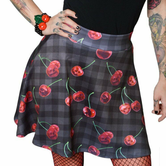 Kreeps Dresses & Skirts - Cherry Skull Skirt M Goth Plaid Black Red Skater Kreeps Dresses & Skirts - Cherry Skull Skirt M Goth Plaid Black Red Skater